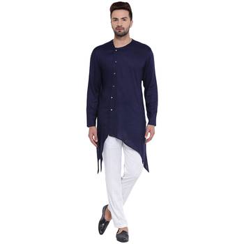 Swanky Collarless Asymmetric Navy Blue Kurta With White Pyjamas 1