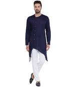 Swanky Collarless Asymmetric Navy Blue Kurta With White Pyjamas