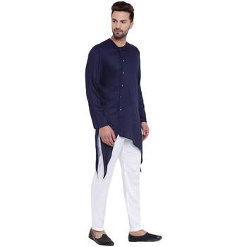 Swanky Collarless Asymmetric Navy Blue Kurta With White Pyjamas 2