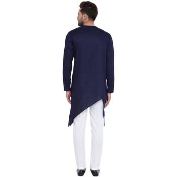 Swanky Collarless Asymmetric Navy Blue Kurta With White Pyjamas 3