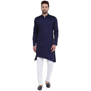 Trendy Asymmetric Sherwani Style Navy Blue Kurta With White Pyjamas 1