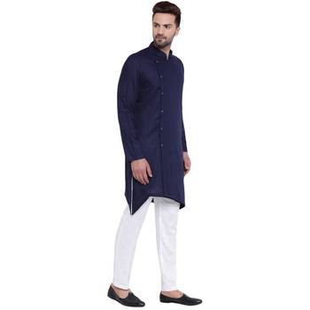 Trendy Asymmetric Sherwani Style Navy Blue Kurta With White Pyjamas 2