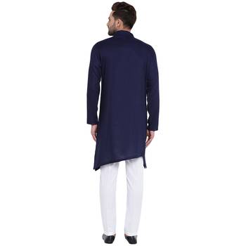 Trendy Asymmetric Sherwani Style Navy Blue Kurta With White Pyjamas 3
