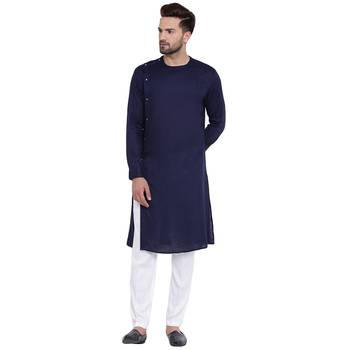 Sharp Side Placket Navy Blue Kurta With White Pyjamas 1