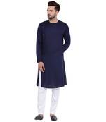 Sharp Side Placket Navy Blue Kurta With White Pyjamas