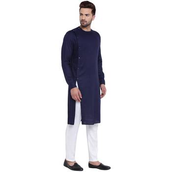 Sharp Side Placket Navy Blue Kurta With White Pyjamas 2
