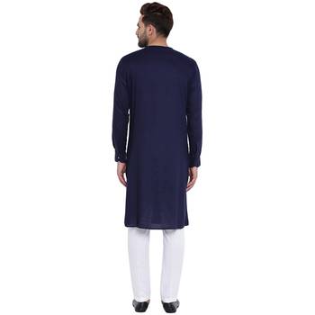 Sharp Side Placket Navy Blue Kurta With White Pyjamas 3