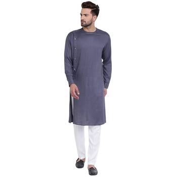 Sharp Side Placket Grey Kurta With White Pyjamas 1