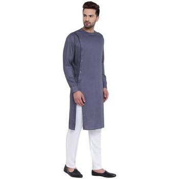Sharp Side Placket Grey Kurta With White Pyjamas 2