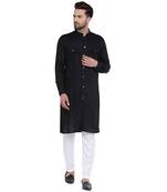 Modish Mandarin Collar Front Open Black Kurta With White Pyjamas