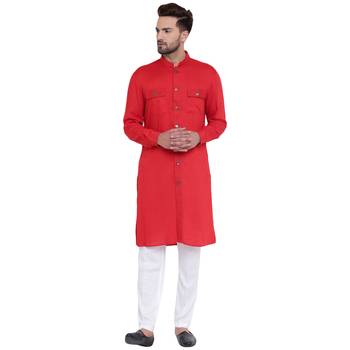 Modish Mandarin Collar Front Open Red Kurta With White Pyjamas 1