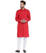 Modish Mandarin Collar Front Open Red Kurta With White Pyjamas