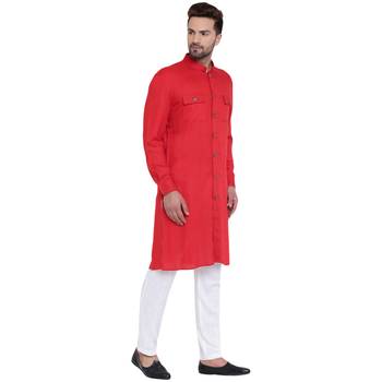 Modish Mandarin Collar Front Open Red Kurta With White Pyjamas 2