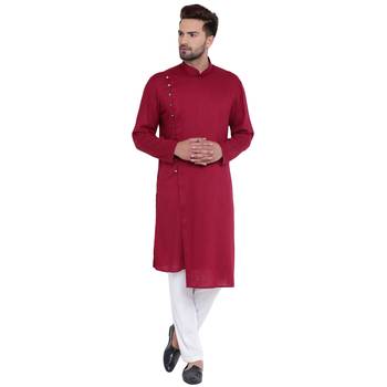 Dapper Overlap Sherwani Style Maroon Kurta With White Pyjamas 1