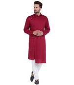 Dapper Overlap Sherwani Style Maroon Kurta With White Pyjamas