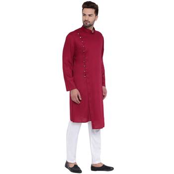 Dapper Overlap Sherwani Style Maroon Kurta With White Pyjamas 2