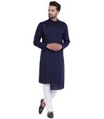 Dapper Overlap Sherwani Style Navy Blue Kurta With White Pyjamas
