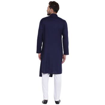 Dapper Overlap Sherwani Style Navy Blue Kurta With White Pyjamas 3