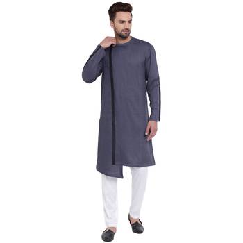 Dynamic Collarless Asymmertric Grey Kurta With White Pyjamas 1