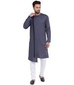 Dynamic Collarless Asymmertric Grey Kurta With White Pyjamas