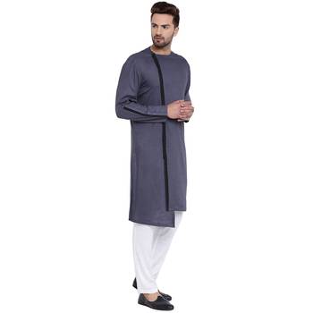 Dynamic Collarless Asymmertric Grey Kurta With White Pyjamas 2