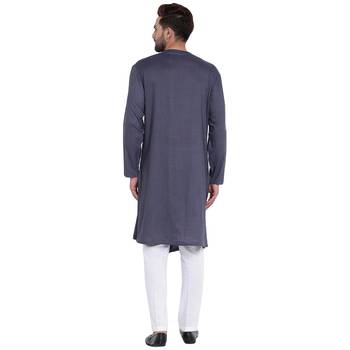 Dynamic Collarless Asymmertric Grey Kurta With White Pyjamas 3