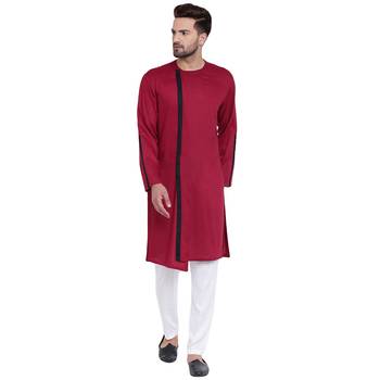 Dynamic Collarless Asymmertric Maroon Kurta With White Pyjamas 1