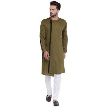 Dynamic Collarless Asymmertric Olive Kurta With White Pyjamas 1