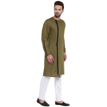 Dynamic Collarless Asymmertric Olive Kurta With White Pyjamas 2