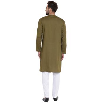 Dynamic Collarless Asymmertric Olive Kurta With White Pyjamas 3