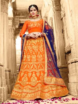 Orange Embroidered Net Semi Stitched Lehenga 1