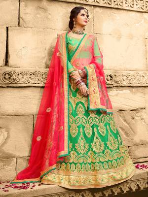 Green Embroidered Net Semi Stitched Lehenga 1