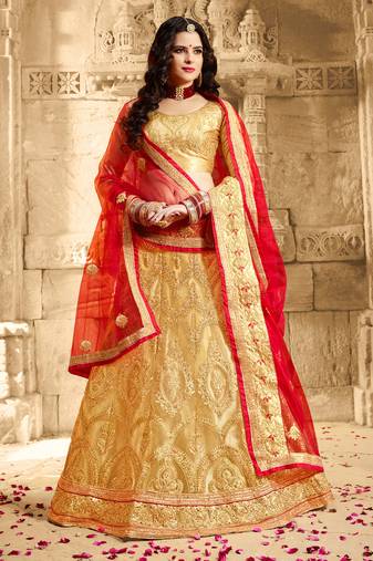 Beige Embroidered Net Semi Stitched Lehenga