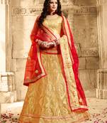 Beige Embroidered Net Semi Stitched Lehenga