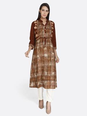 Brown embroidered rayon kurta 1