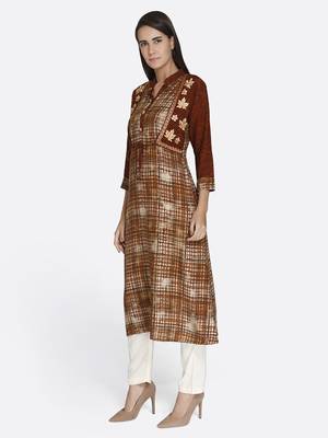 Brown embroidered rayon kurta 3