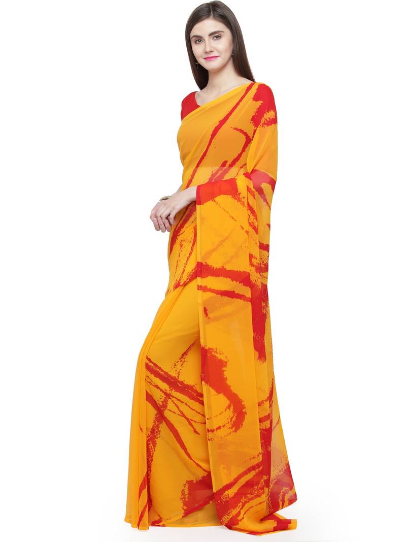 mustard printed georgette saree with blouse