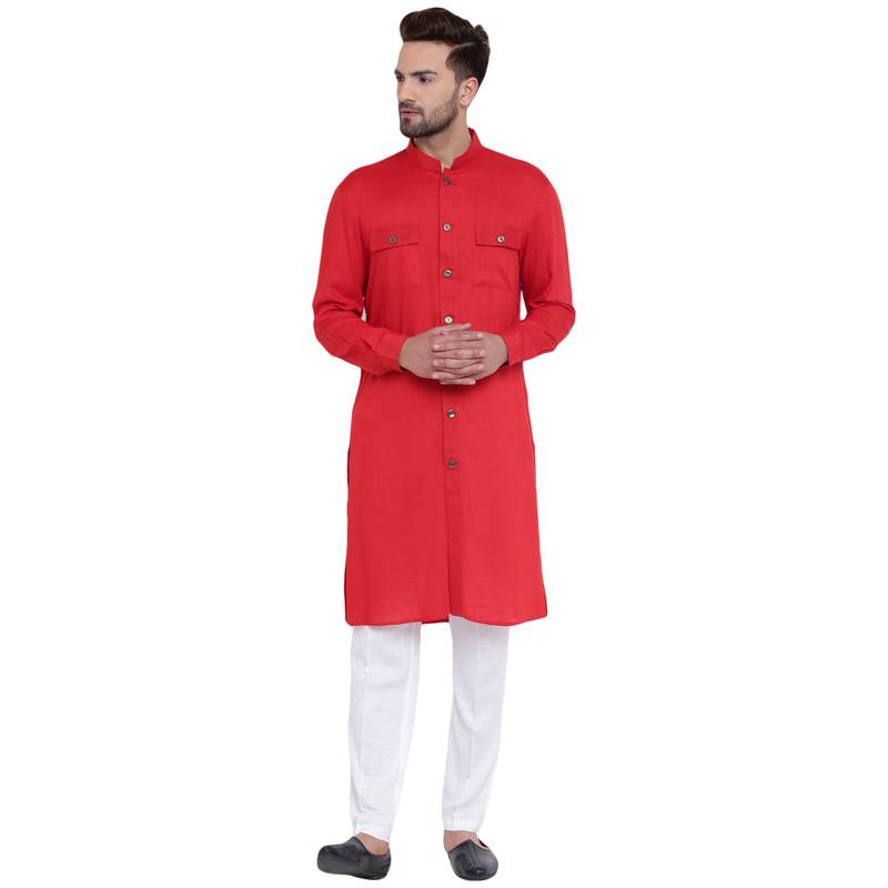 Red Viscose Plain Men Kurta