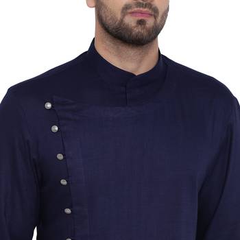 Dapper Overlap Sherwani Style Navy Blue Kurta 4