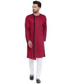 Maroon Viscose Plain Men Kurta