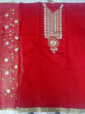 Women Red chanderi embroidered unstitched salwar kameez with dupatta 2