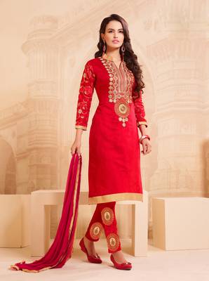  Women Red chanderi embroidered unstitched salwar kameez with dupatta 4