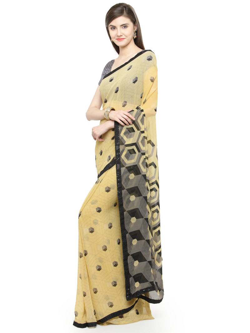 beige printed georgette saree with blouse
