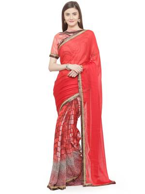 red embroidered georgette saree with blouse 1