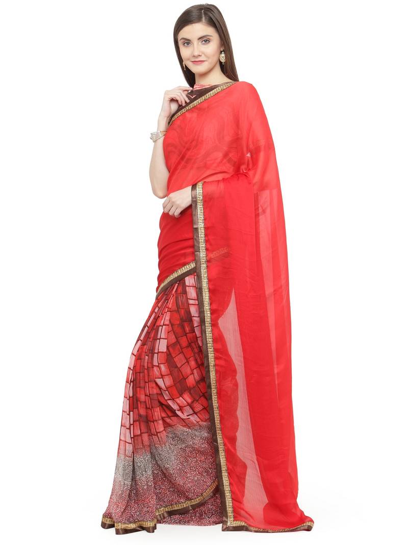 red embroidered georgette saree with blouse