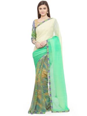 green embroidered georgette saree with blouse 1
