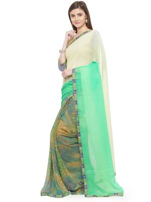 green embroidered georgette saree with blouse 2