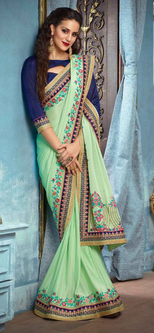 Light green embroidered silk saree with blouse Monjolika 2610947