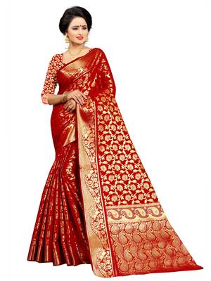 Red Woven Jacquard Saree With Blouse 1
