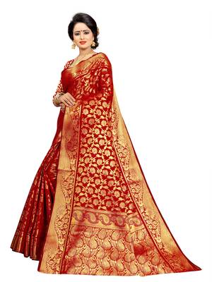 Red Woven Jacquard Saree With Blouse 2